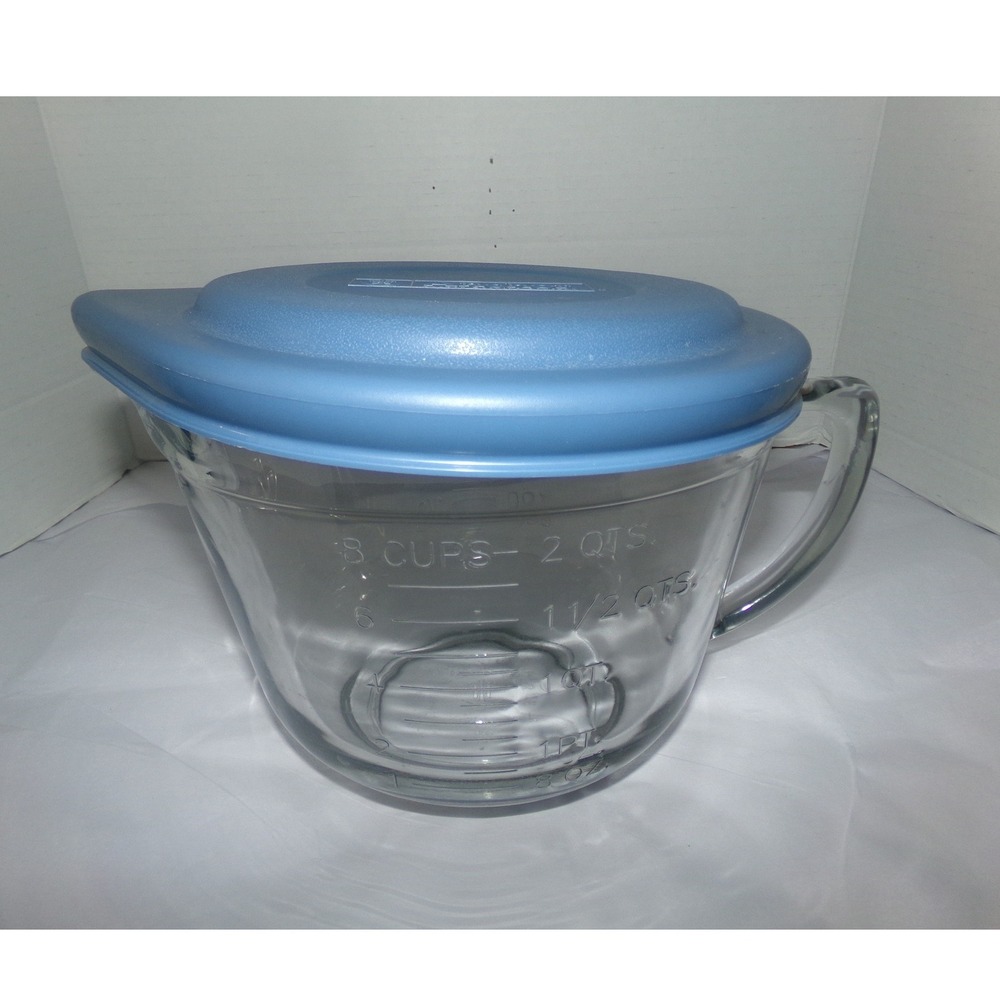 Anchor Hocking Glass Batter Bowl 8 Cup 2 Quart with Blue Lid and Handle